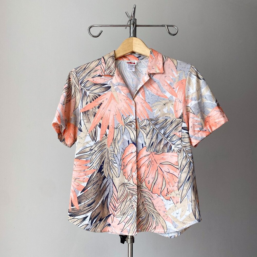 🌿Y2k Vintage Light Orange & Tan Tropical Print Short Sleeves Button-Down Shirt